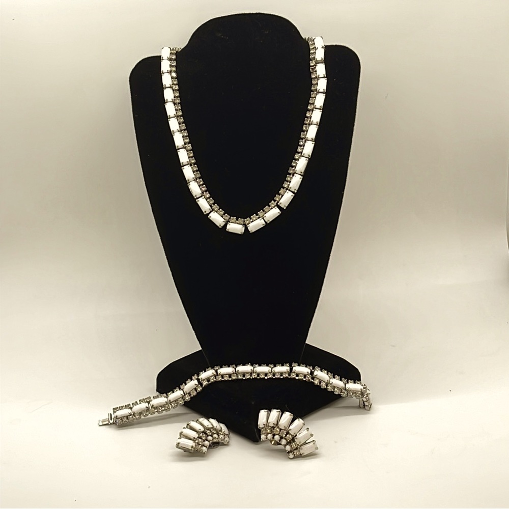 Vintage Poured White Milk Glass & Rhinestone Set